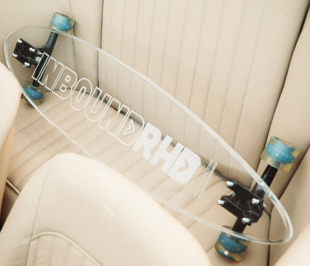 Inbound RHD skateboard on cream classic car seats